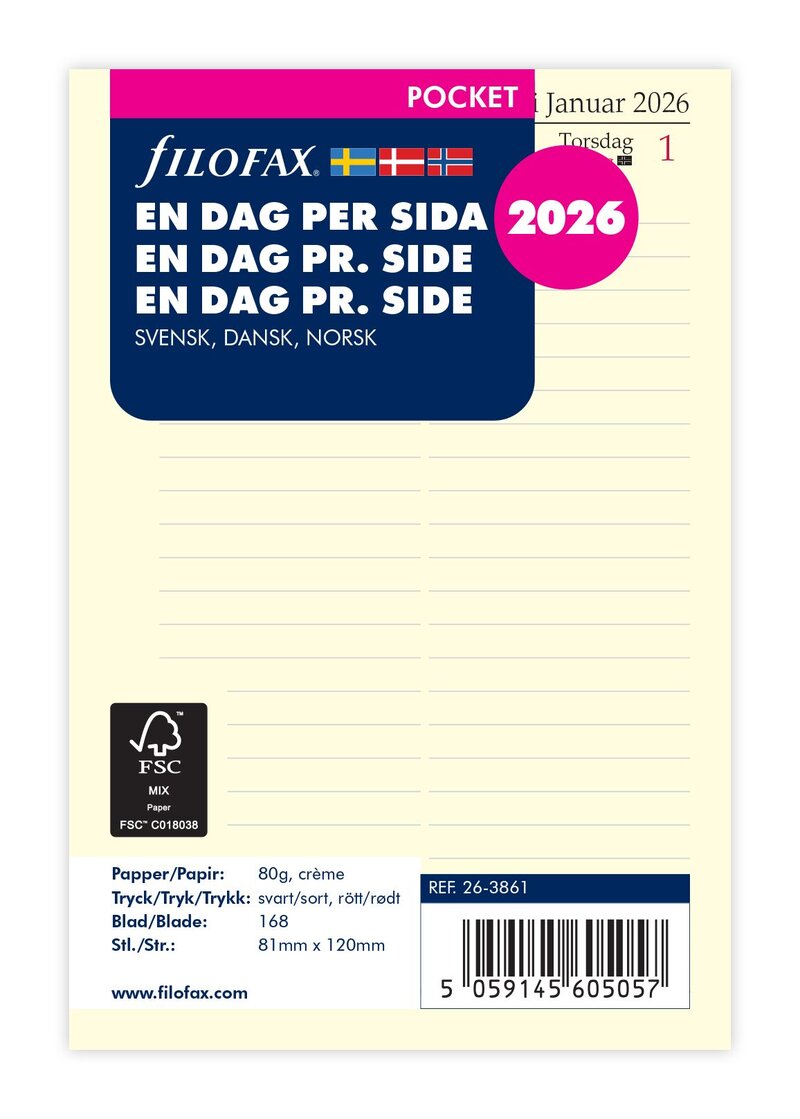 Filofax Pocket Refill 2026 Dag/Sida. Språk svensk/dansk /norsk