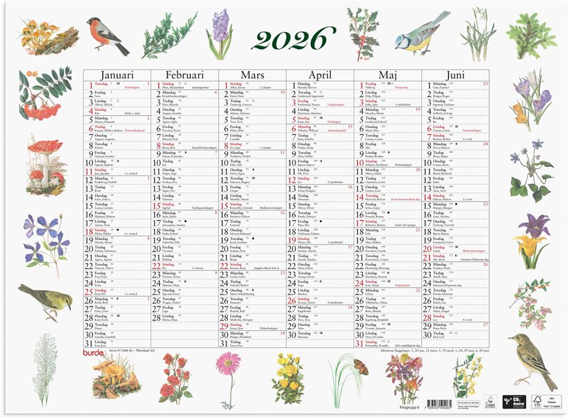 Väggkalender 2026 Stora Naturalmanackan