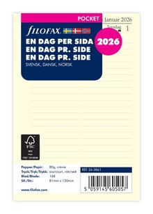 Filofax Pocket Refill 2026 Dag/Sida. Språk svensk/dansk /norsk